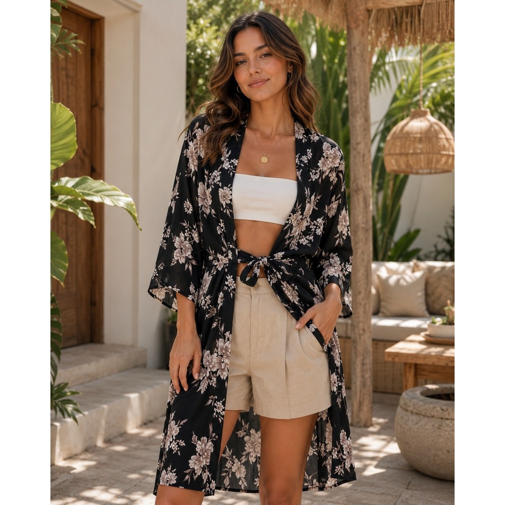 Spiritual Gangster Kimono Women OS‎ Black Floral Boho Beach Coverup Festival